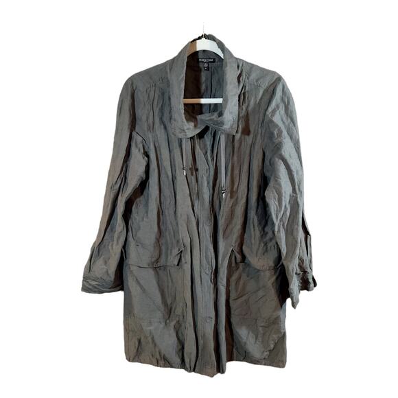 Eileen Fisher Gray High Collar Longline Snap-front Jacket Minimalist Women's PL - Picture 1 of 5